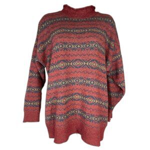 Stone Canyon Sweater W/ L Red Silk Angora Fair Isle Mock Neck excellent vintage